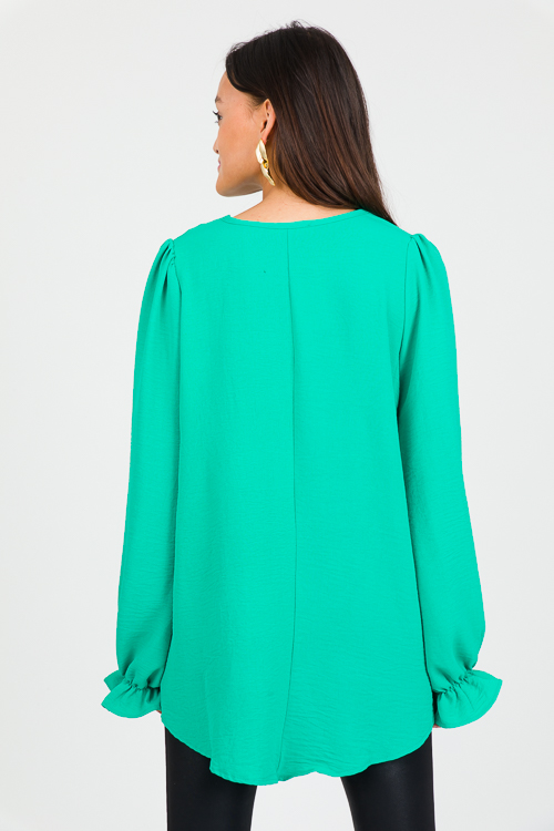 Ruffle Wrist Solid Blouse, Kelly Green