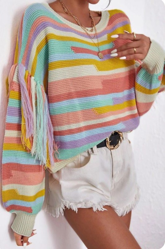 Tassel Sleeve Rainbow Sweater