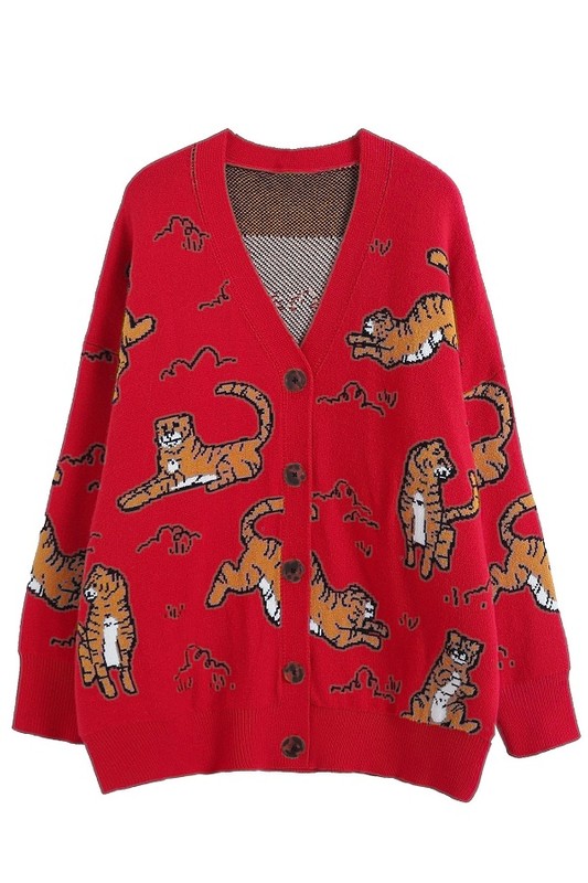 Tiger Button Front Sweater, Red - SALE - The Blue Door Boutique