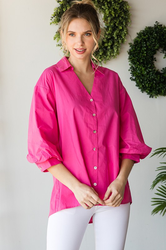 Button Front Balloon Top, Hot Pink