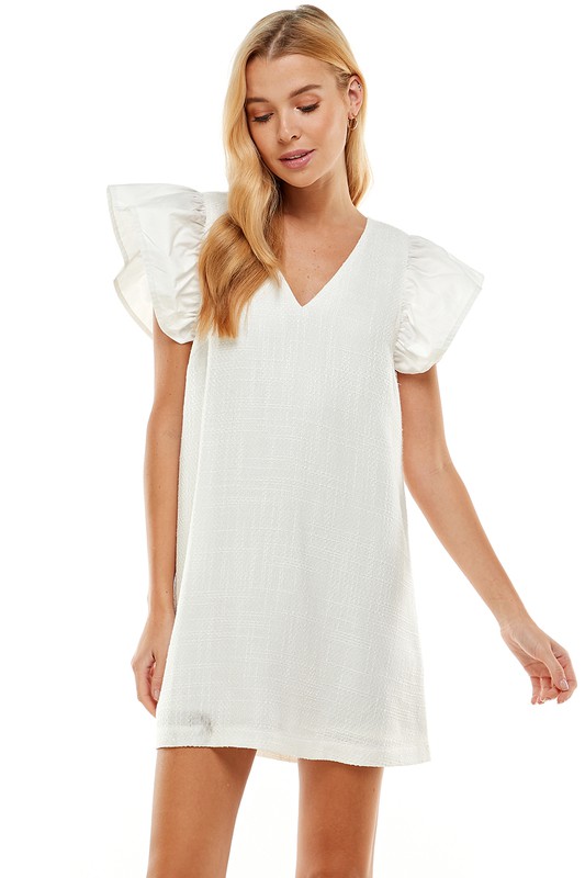 Flutter Sleeve Tweed Dress, White