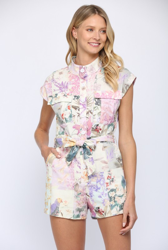 Floral Patch Print Romper, Pink