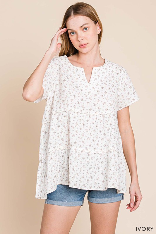 Floral Gauze Tier Top, Ivory