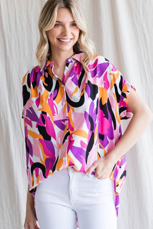 Printed Button Top, Pink/Purple