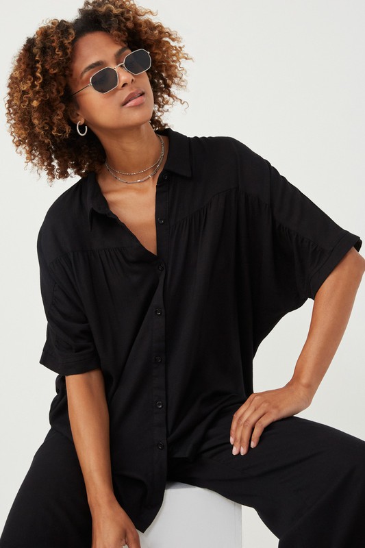 Short Sleeve Linen Shirt, Black