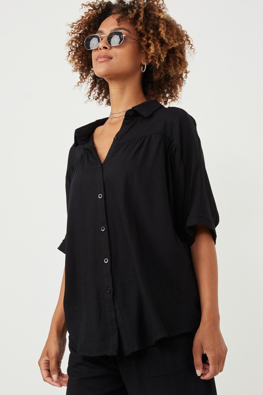 Short Sleeve Linen Shirt, Black