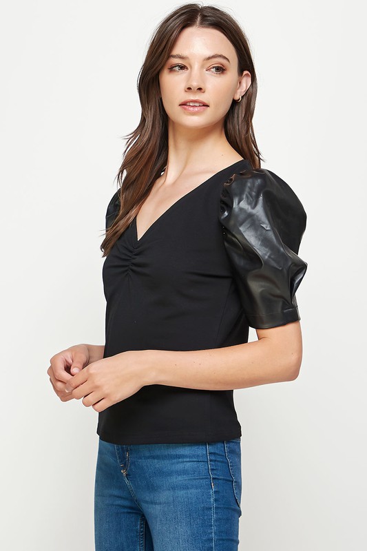 Leather Sleeves Knit Top, Black