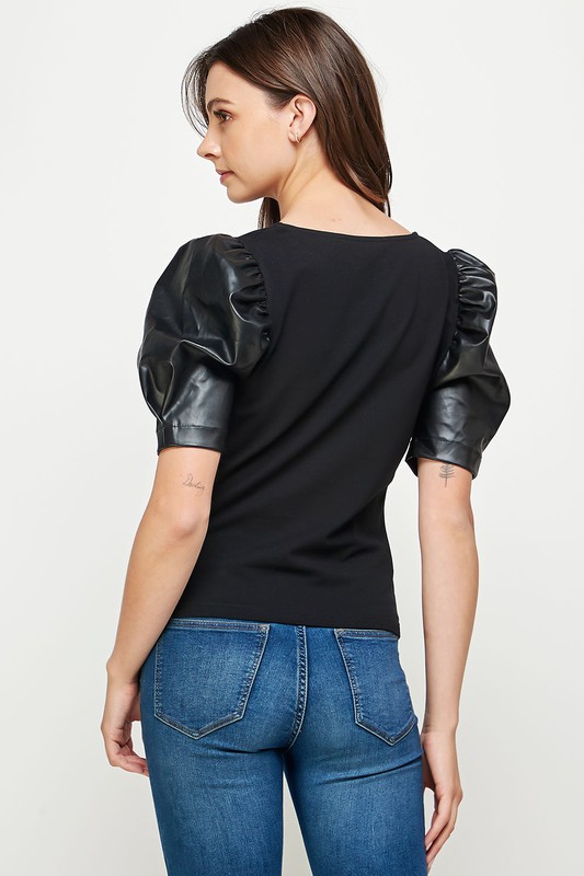 Leather Sleeves Knit Top, Black