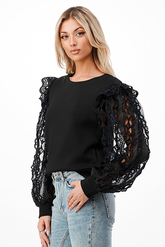 Crochet Sleeves Sweatshirt, Black SALE The Blue Door Boutique