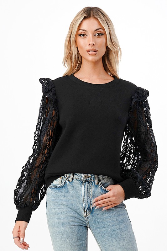 Crochet Sleeves Sweatshirt, Black SALE The Blue Door Boutique