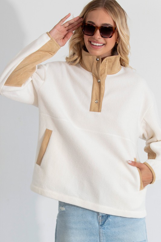Colorblock Fleece Pullover, Ivory