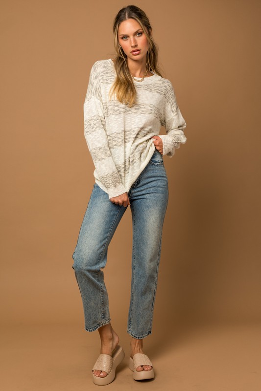 Benji Stripe Sweater, Ivory/Grey