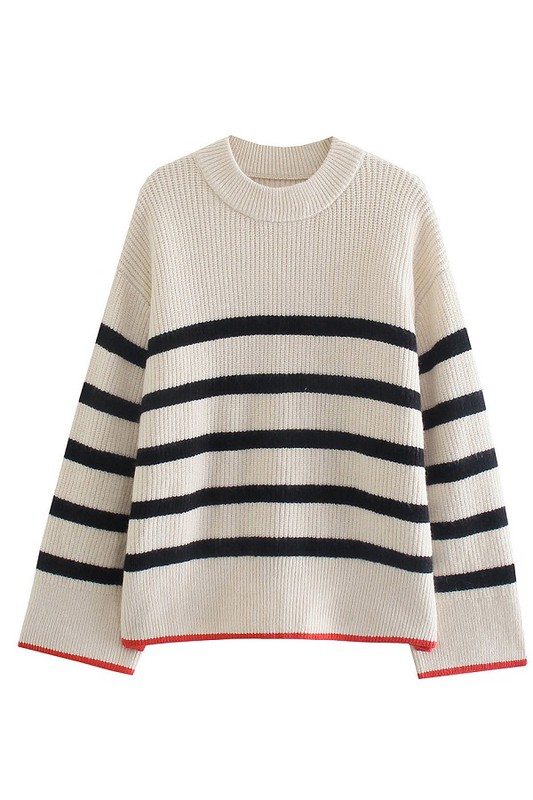 Red Trim Stripe Sweater, Cream