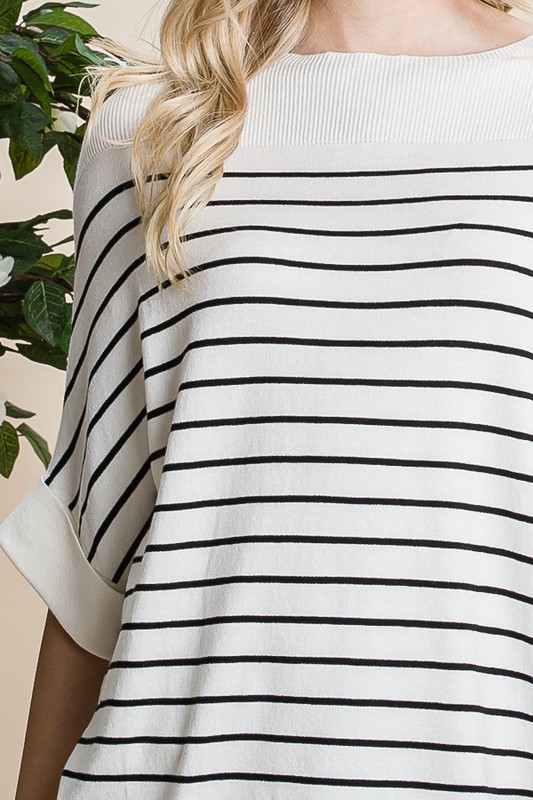 Cuffed Stripe Sweater, Ivory/Black