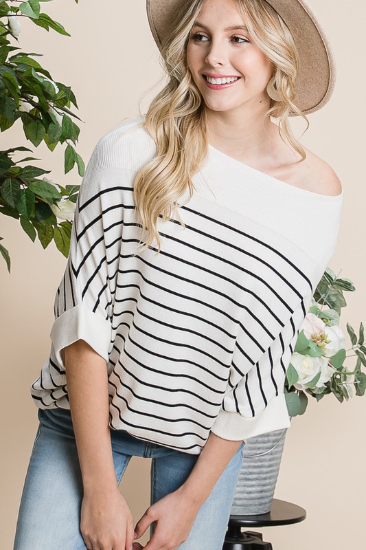 Cuffed Stripe Sweater, Ivory/Black