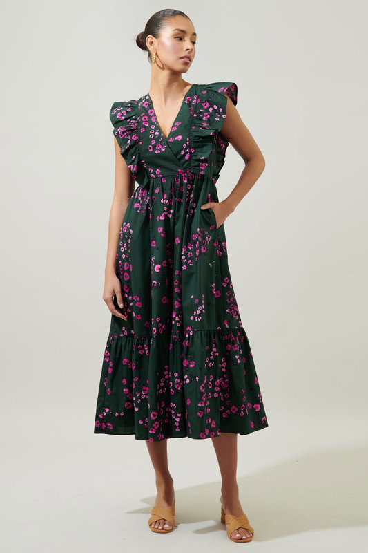 Anissa Floral Midi, Emerald - Dresses - The Blue Door Boutique