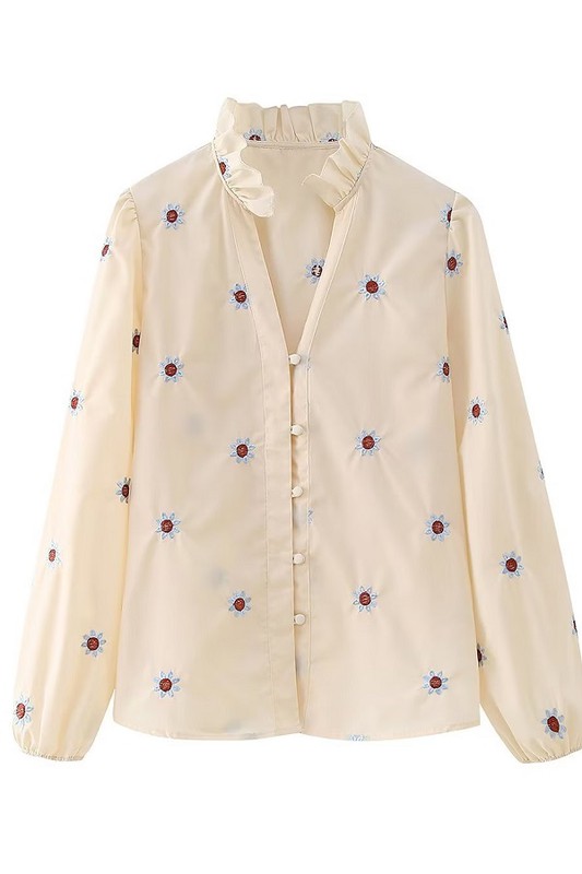 Floral Embroidered Button Top,