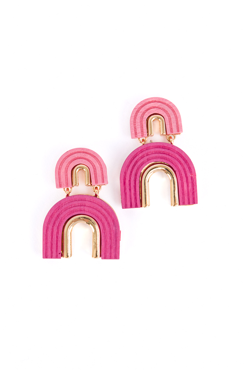 Wood Double Arch Earrings, Pink