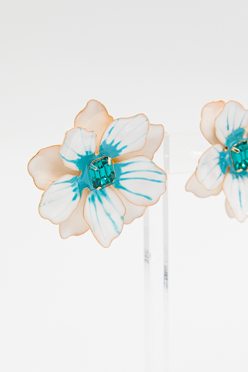 Wrenlee Flower Earrings, White/Teal