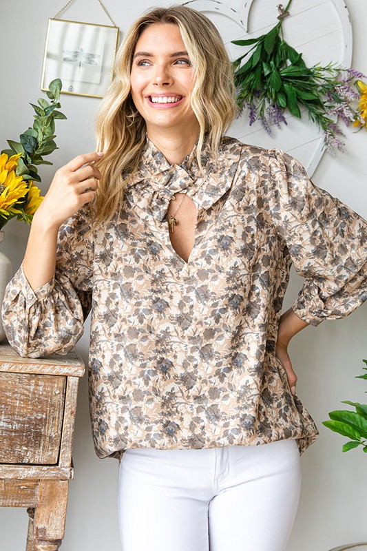 Ruffle Collar Floral Blouse, Taupe