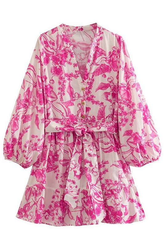 Floral Scene Dress, Hot Pink