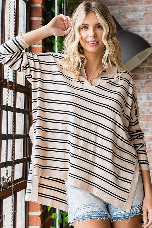 Judith Stripe Sweater, Taupe/Bl