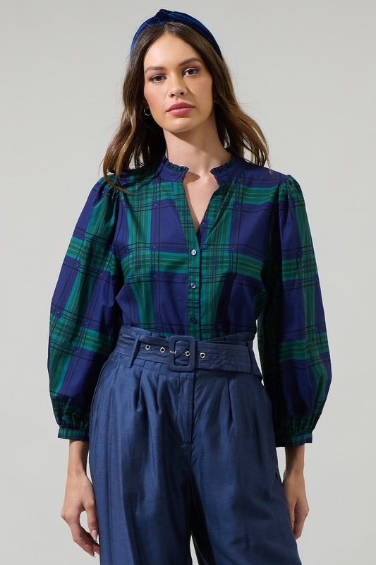 Harris Plaid Top, Navy Green