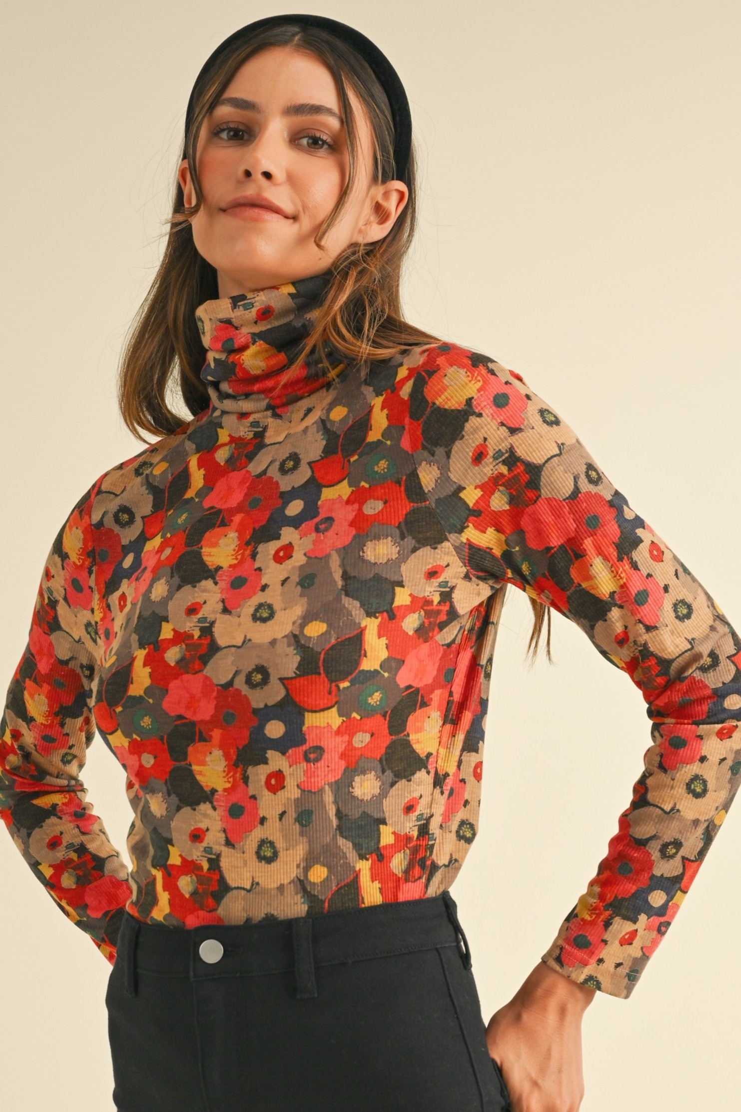 Floral Print Rib Turtleneck