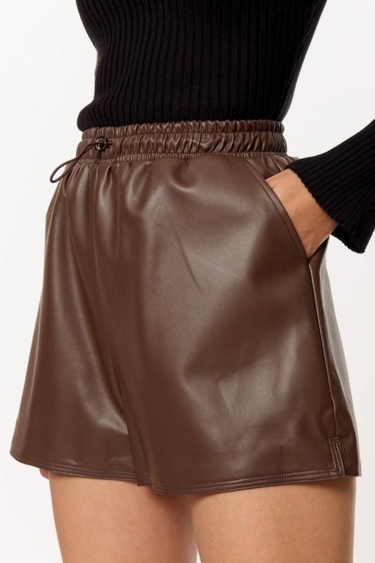 Leather Draw Waist Shorts, Brown