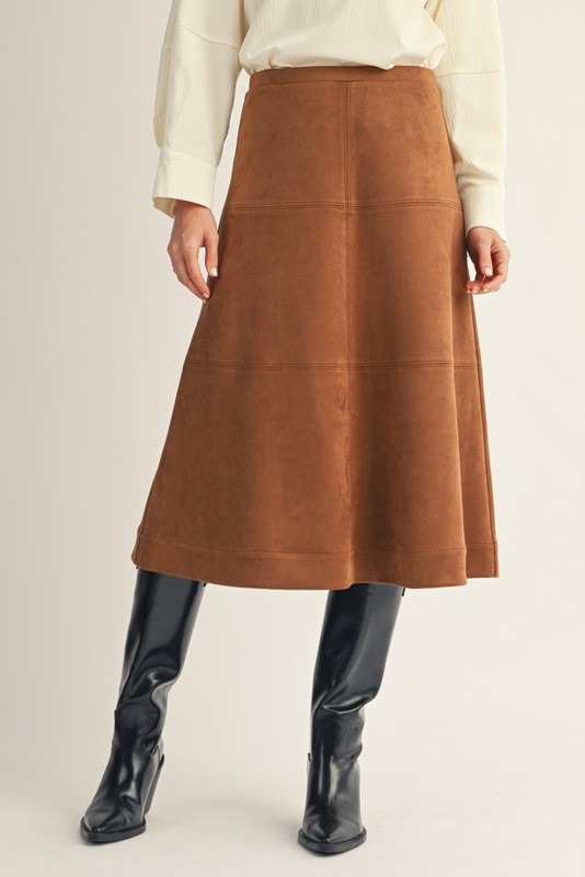 A-Line Suede Midi Skirt, Camel