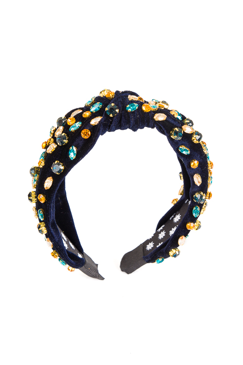 Bejeweled Velvet Headband, Blue