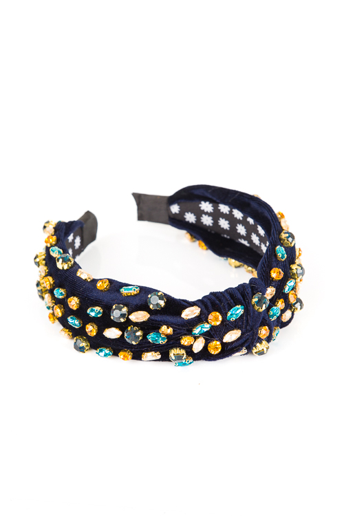 Bejeweled Velvet Headband, Blue