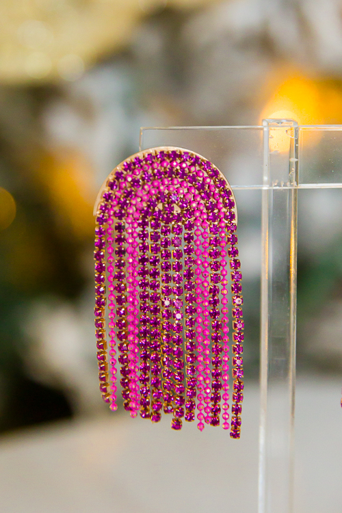 Rhinestone Fringe Earrings, Fuchsia