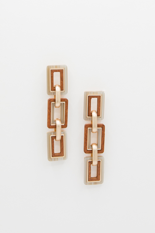 Linked Wooden Rectangle Earring, Natural