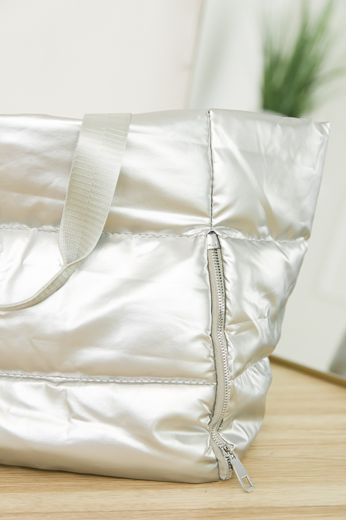 Metallic Puffer Tote, Silver
