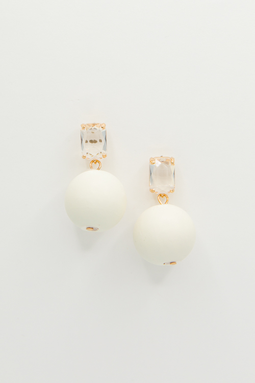 Wood & Glass Dangle Earrings, White