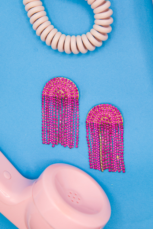 Rhinestone Fringe Earrings, Fuchsia