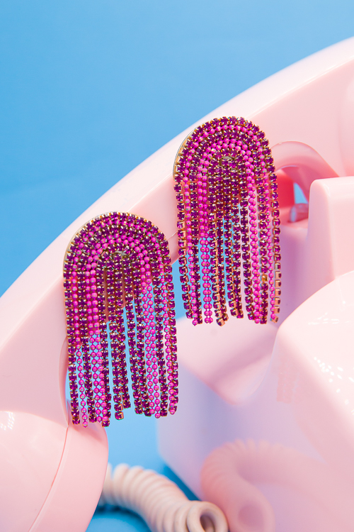Rhinestone Fringe Earrings, Fuchsia
