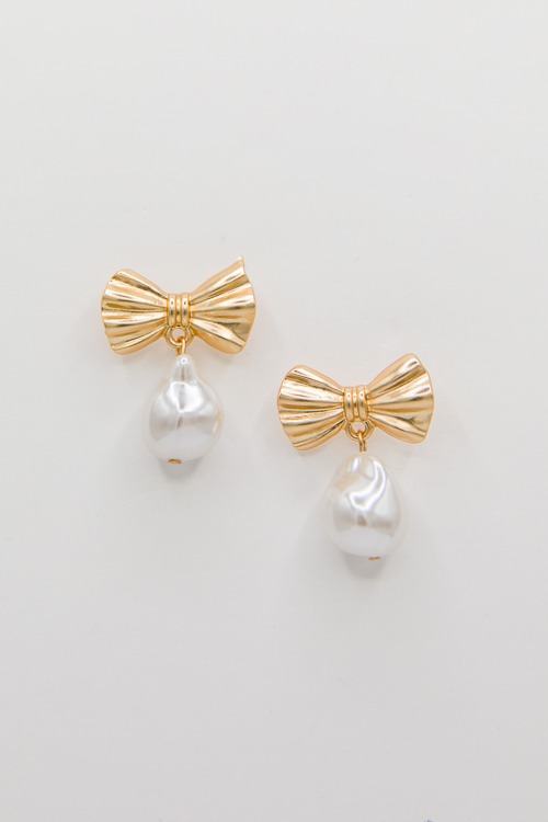 Pearl Ribbon Earrings, Gold