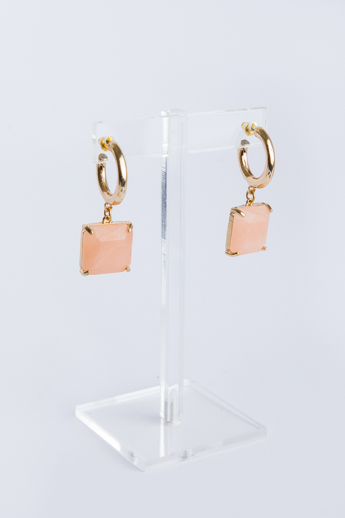 Square Stone Dangle Hoops, Peach
