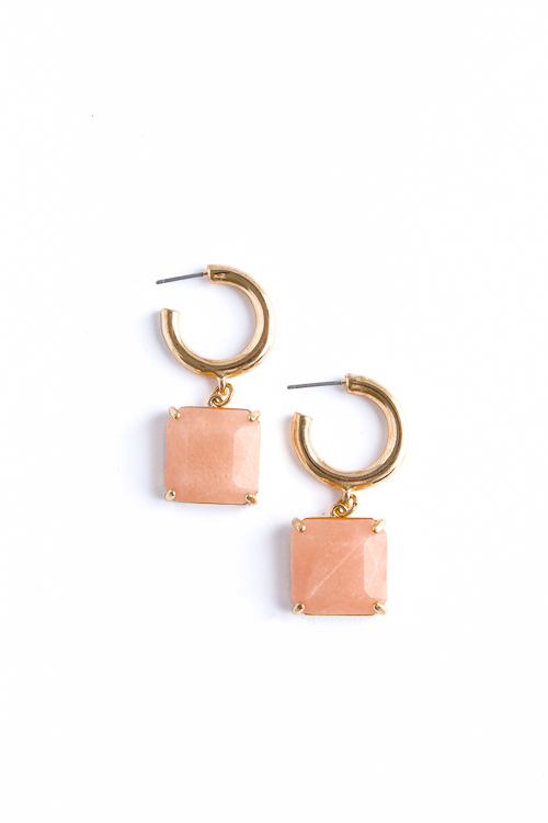 Square Stone Dangle Hoops, Peach
