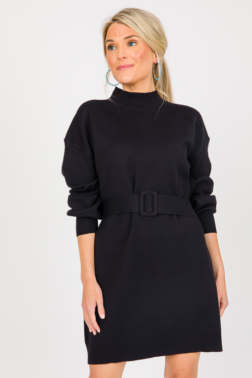 Belted Sweater Dress, Black - New Arrivals - The Blue Door Boutique