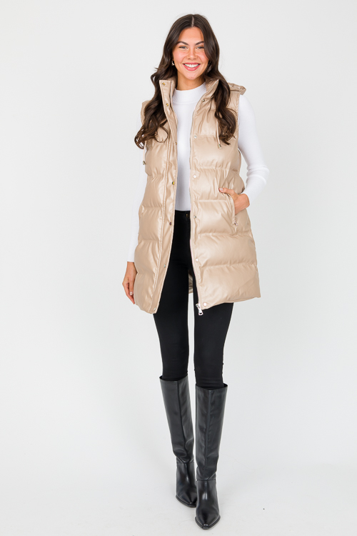 Long Leather Puff Vest, Taupe