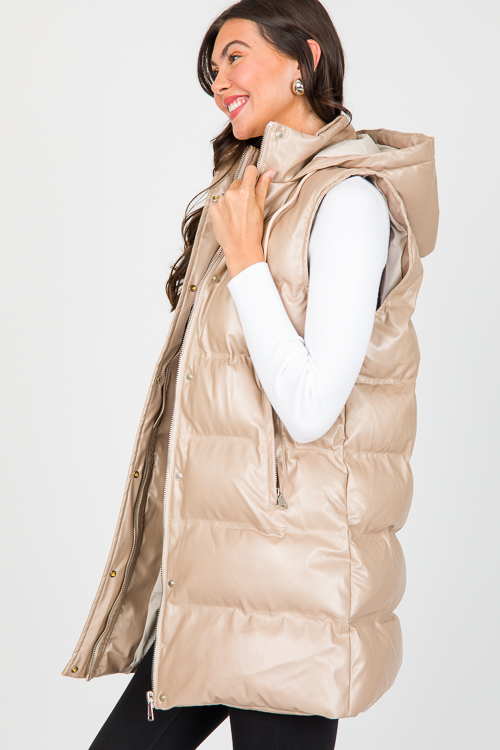 Long Leather Puff Vest, Taupe