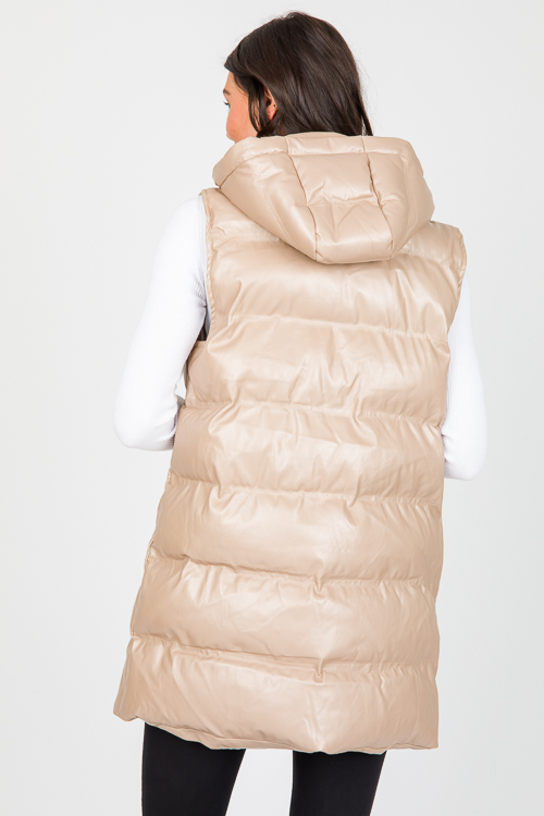 Long Leather Puff Vest, Taupe