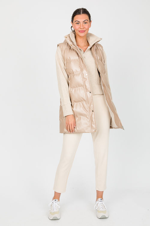 Long Leather Puff Vest, Taupe