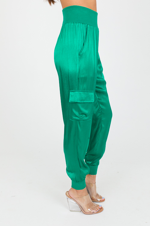 Satin Cargo Joggers, Emerald