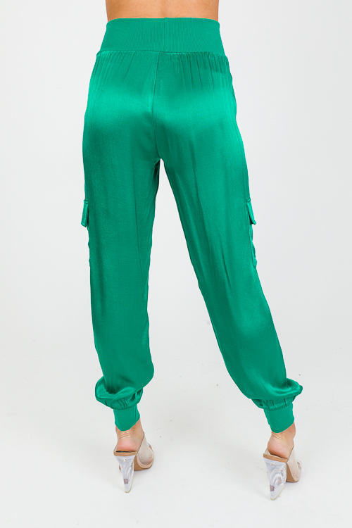 Satin Cargo Joggers, Emerald - SALE - The Blue Door Boutique