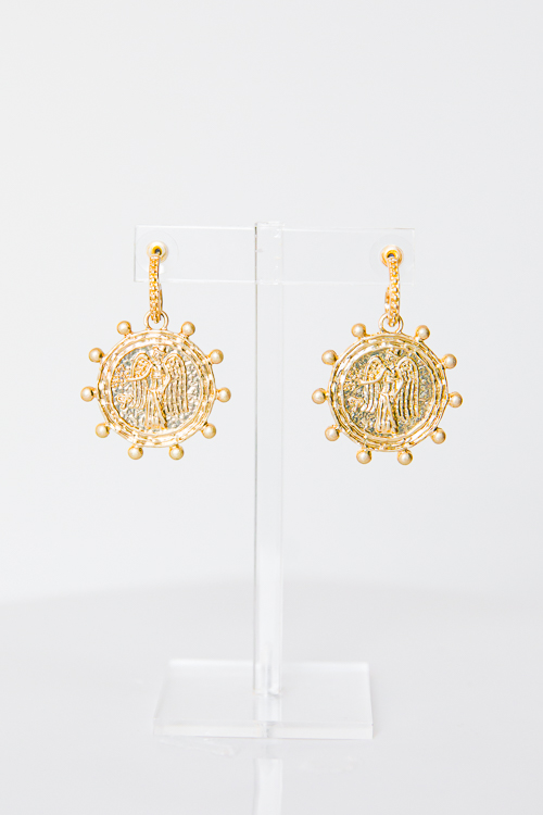 Coin Dangling Textured Hoops, Gold