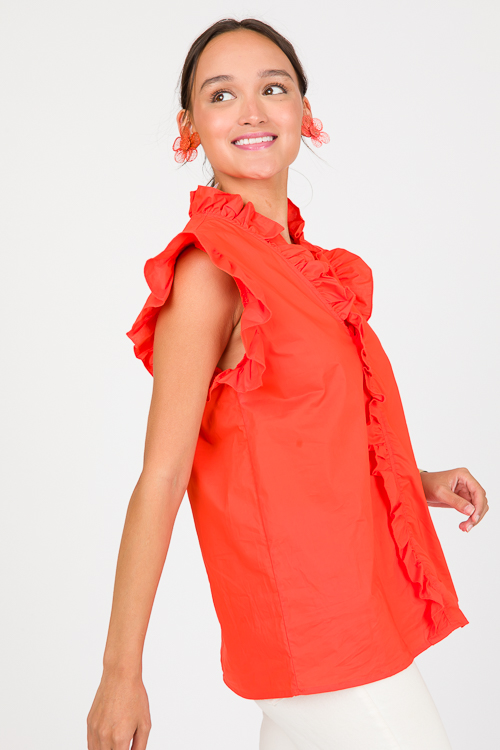 Ruffle Trim Top, Tomato Red